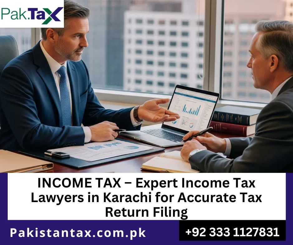 Income tax lawyer assisting client in Karachi office