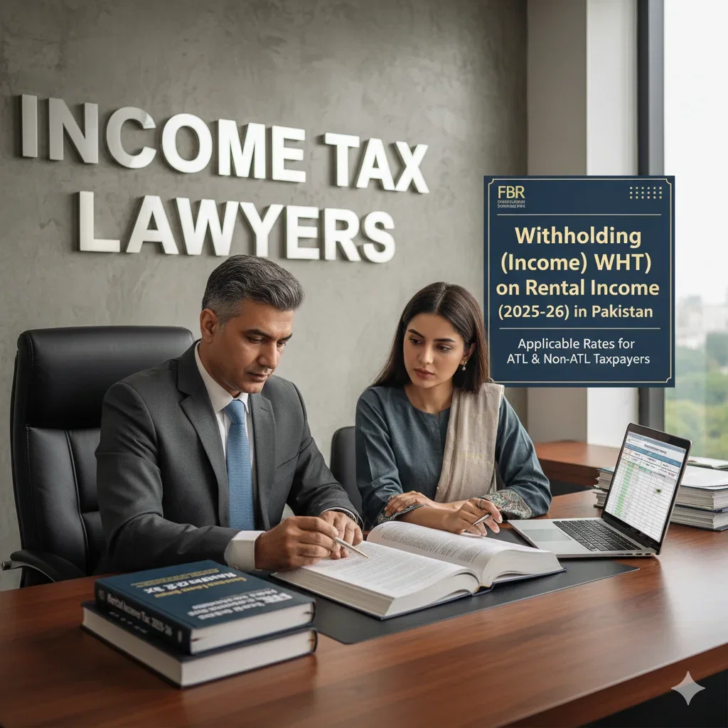 Office setup with documents and laptop showing WHT rates on rental income under Section 155